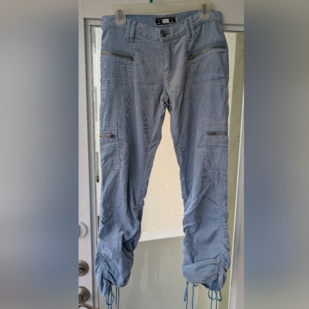 Baby Blue Y2k Corduroy Low Rise Cargo Pants with Pockets & Adjustable Hem Size 7